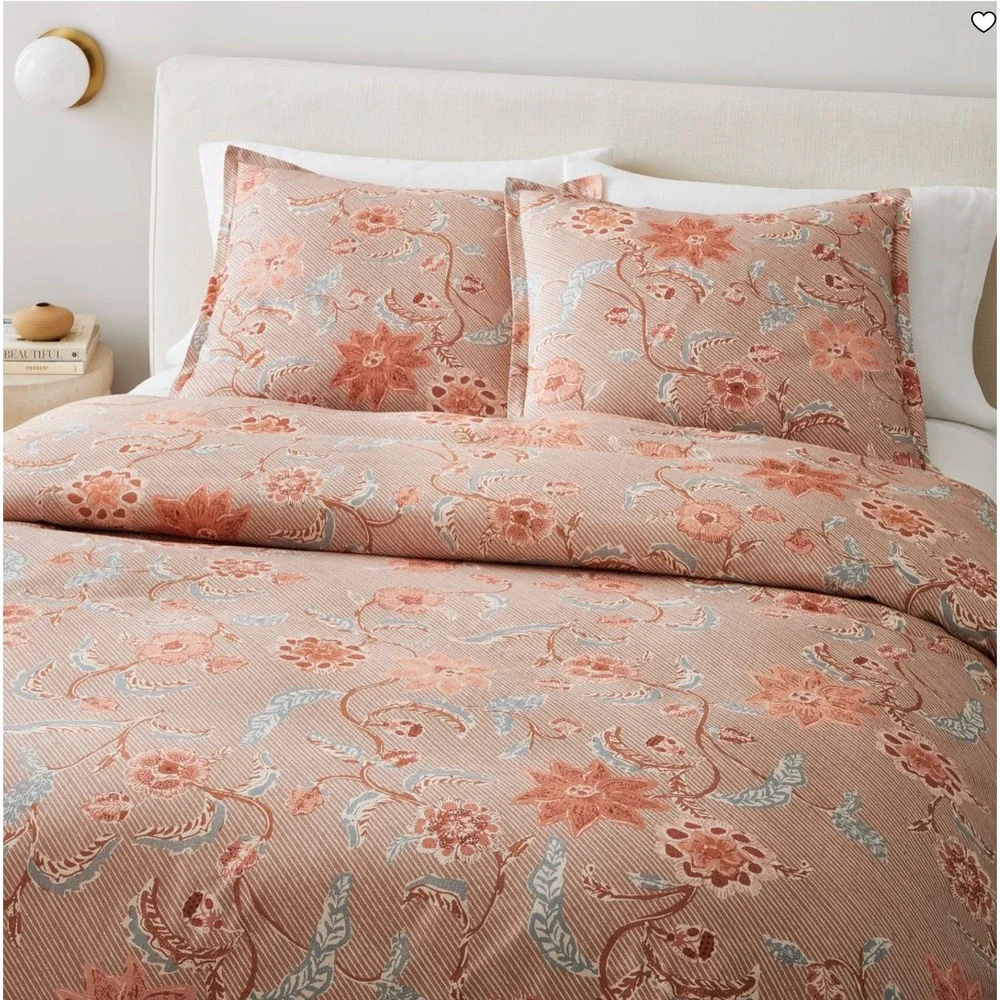 West Elm Floral Stripe Duvet Cover & Shams Set Terracotta NWT - QUEEN